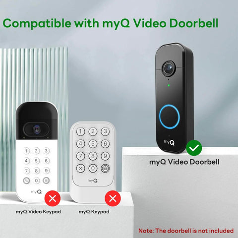 Anti Theft Doorbell Camera Mount For MyQ Video Doorbell With Anti Block Motion Sensor, Adjustable Bracket For Homes Apartments Offices Rentals Black For Easy Install shown compatible next to two non-compatible keypads.