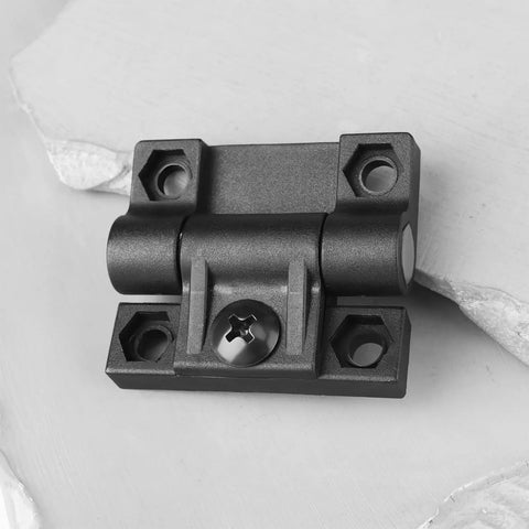 Close-up of Four Pack 36x42mm Black Plastic Adjustable Torque Hinges For Wardrobe Cabinets Doors And Wooden Storage Boxes With Smooth Dampening