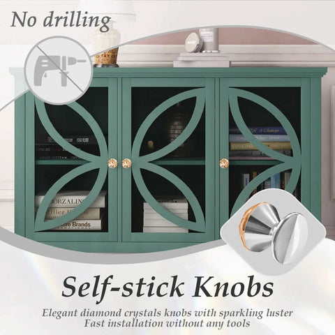 Crystal Adhesive Cabinet Knobs Four Pack Amber K9 Crystal Pulls on green cabinet with decorative paneling.
