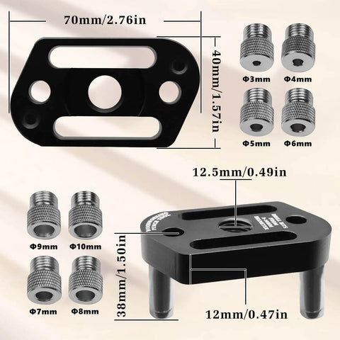 Self Centering Woodworking Drill Guide with eight interchangeable inserts, 3 to 10mm, shown with dimensions, on beige background.
