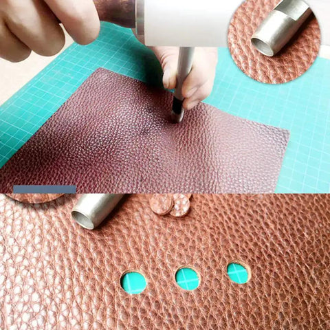 Using 10 Pack Leather Hole Punch Set 0.5mm To 3.5mm on leather for precise holes; carbon steel tool in action on leather crafting project.