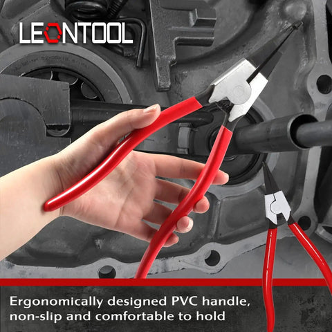 Hand holding Heavy Duty Lock Ring Pliers Set 2 Piece Flat Snap Ring Pliers for Circlip Rings, showing use in automotive repair