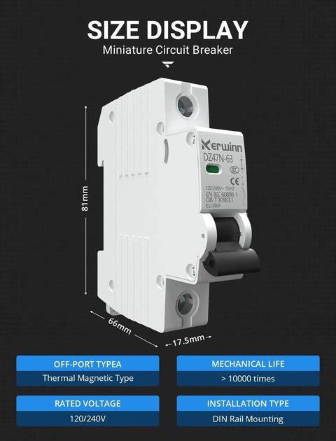 Side view of Smart 1 Pole 20 Amp 120V And 240V AC Circuit Breaker For Marine Power Systems And Solar PV Installations with size details.
