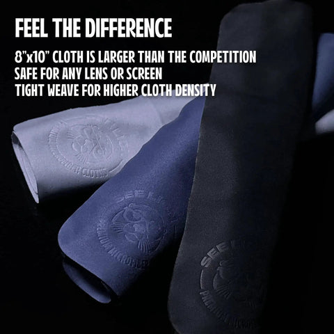Ultrasoft Microfiber Lens Cleaning Cloths for Glasses and Screens 6 Pack showing three folded cloths with embossed logos.