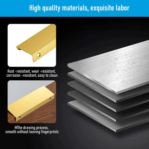10 Pack Edge Finger Pulls For Cabinets, 4.72 Inch Length, 96 Mm Hole Center in gold and silver aluminum with anti-corrosion coating