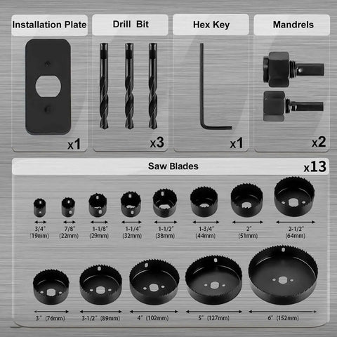 Pro-Grade Hole Saw Kit With 20 Pieces From 3/4 Inch To 6 Inch Holes showing saw blades, drill bits, hex key, mandrels, installation plate.
