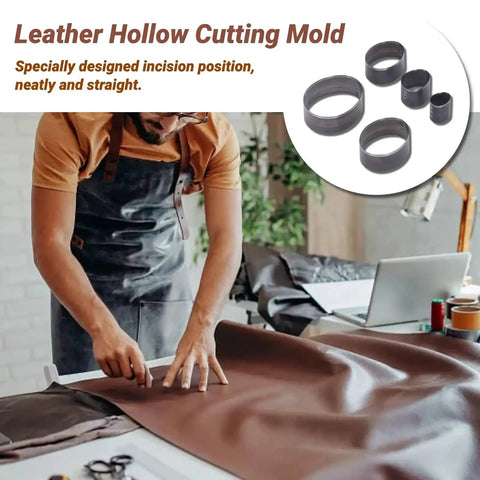 Man using 5 Piece Leather Die Cutting Dies Set With Oval Hollow Punches Pro Grade Steel Cutting Molds For Do It Yourself Crafts