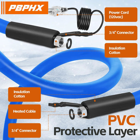 PBPHX heated RV water hose, blue PVC insulated hose with 3/4 inch connectors and power cord
