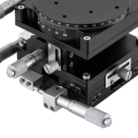4 Axis 90mm By 90mm Manual Linear Positioning Stage With Sliding Table For Precision Inspection And Equipment Positioning Compact Lightweight Desktop Unit For Easy Standalone Use Or Desk Mounting, close-up view showing metal knobs and graduated scales.