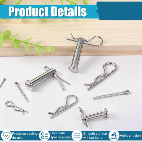 132 Piece Clevis Pin And Cotter Pin Assortment Kit In 304 Stainless Steel, 15 Sizes, shown on a wooden surface