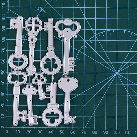 9 Piece Vintage Keys Metal Cutting Dies Set For Scrapbooking And Card Making Dope DIY Die Cuts And Embossing Stencils displayed on a grid mat