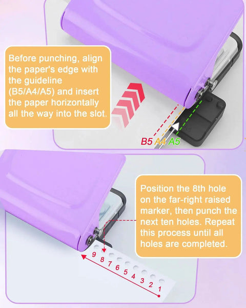 Purple 10 Hole Binding Punch For Planners showing alignment instructions for A4 A5 B5 paper with 9.5mm spacing guide