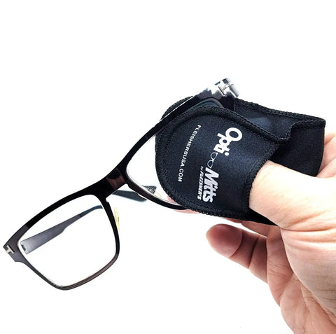 Hand cleaning eyeglasses with Opti Mitts Mitt Shaped Microfiber Eyeglass Cleaning Cloth 3 Pack Anti Scratch