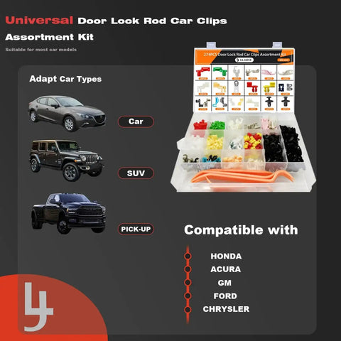 274Pcs Door Lock Rod Clips Kit With 22 Size Assortment for various cars including GM and Ford shown in storage box.