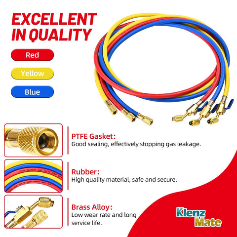 Three 72-inch 1/4” HVAC refrigerant hoses in red, yellow, blue with brass fittings and compact ball valves.