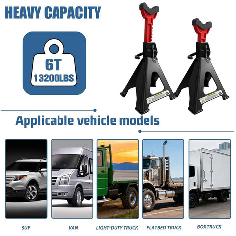 6 Ton Heavy Duty Jack Stands With Double Locking Pins And Rubber Pads for various vehicle models