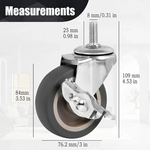 3-inch caster wheel with brake, close-up view, threaded M8-1.25 stem, gray polyurethane wheel on metal housing