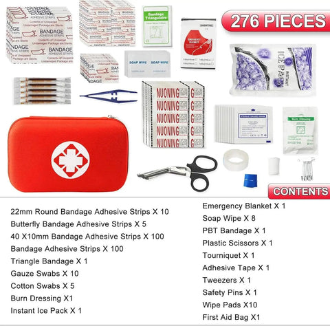 Compact 276 Piece First Aid Kit For Home Car Camping Hiking Emergency Supplies In Water Resistant EVA Bag with medical items displayed