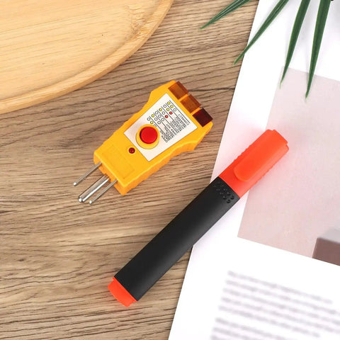All-in-One Grounding Tester Kit with GFCI Outlet Checker and conductivity pen on wooden surface