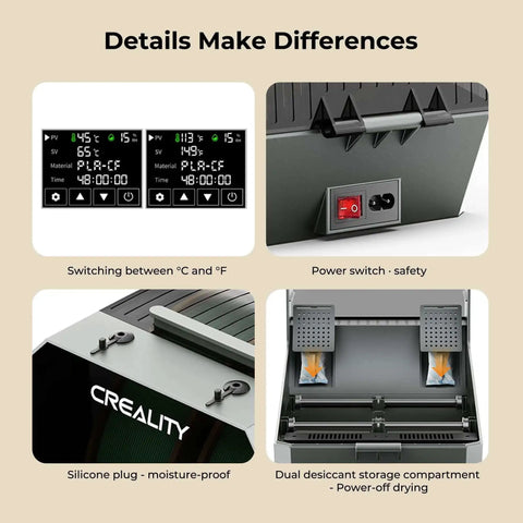 Details of Dual Spool Filament Dryer Box For 3D Printing with screen switches, power safety, silicone plug, and desiccant compartment.