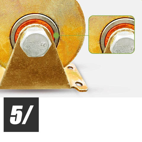 Close-up of V Shaped Groove Track With Sliding Gate Roller And Beefy Heavy Duty Rigid Caster Set, detailed wheel view.