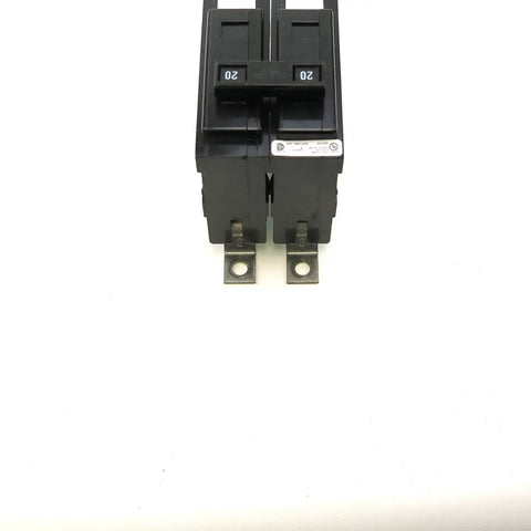 Front view of QBHW2020 Quicklag Heavy Duty Miniature Circuit Breaker 20 Amp 120 240 Volt AC 2 Pole Bolt On Mount HACR Rated