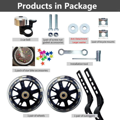 Quiet Training Wheels Kit For 12 To 20 Inch Kids Bikes, Mute Wheel System With 2 Universal Legs, 8 Screws And Nuts, 2 Star Decorations
