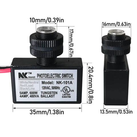 Outdoor Photoelectric Switch Auto Lights No Fuss Dusk To Dawn Sensor, weatherproof, black, dimensions marked on side and front view.