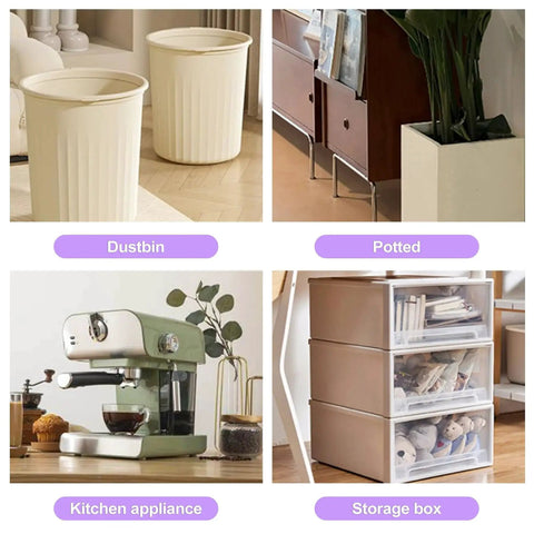 Quad image featuring dustbins, potted plant, kitchen appliance, and storage box.