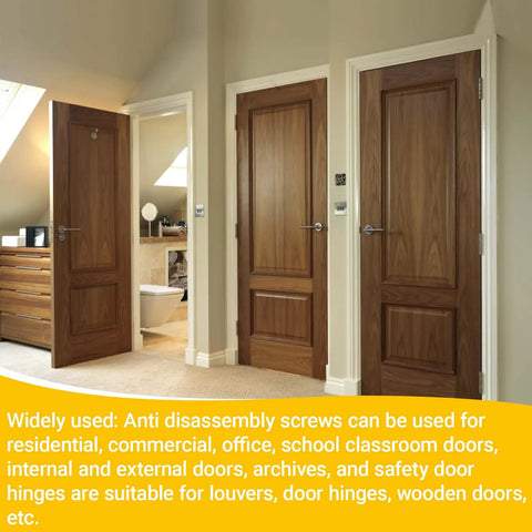 Interior view of wooden doors with door hinges and anti tamper pins, featuring the Door Hinge Security Screws 10 Pack.