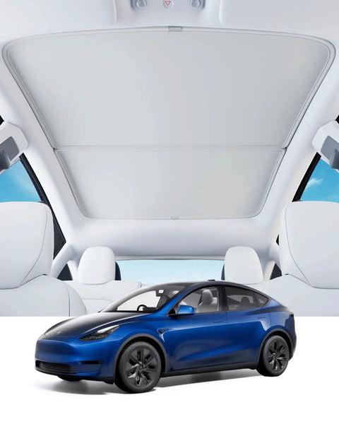Model Y Upgraded Magnetic Sunshade Ice Silver Nano Coating 2 Piece Set Blue shown installed on Tesla Model Y roof interior.