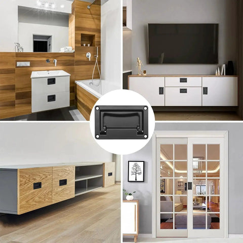 Six Pack Zinc Alloy Recessed Pull Handle 4.4 By 2.7 Inches installed on furniture and doors, black finish, corrosion-resistant.
