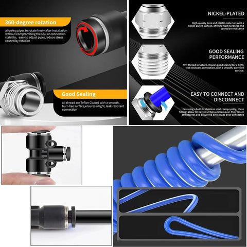 QITUO 1/4in blue air hose kit with 52.5 ft tubing and push-to-connect fittings, 15-piece accessories