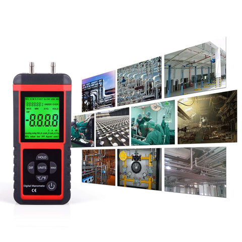 Handheld EHDIS digital manometer for HVAC, dual-port gas pressure tester in red and black with green LCD display