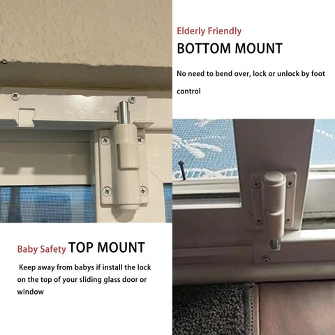 Sliding Door Foot Lock Kick Lock For Patio Doors And Windows, Additional External Security; top and bottom mounted locks on glass doors.