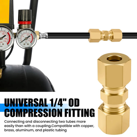 Brass compression fittings set, 1/4 in OD x 1/4 in OD, 4-pack for ice maker and refrigerator water lines.