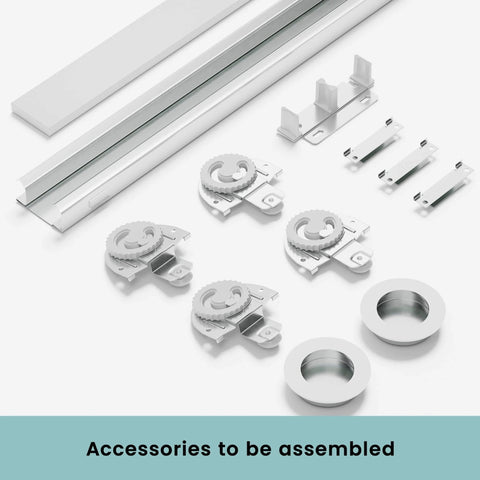 Hardware kit for Double Barn Style Sliding Closet Doors 48x80 Inches With Pre-Drilled MDF Panels, includes tracks and rollers.
