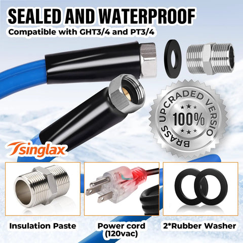 Tsinglax 30ft heated water hose with blue hose and metal fittings; includes insulation paste, power cord, and 2 washers.