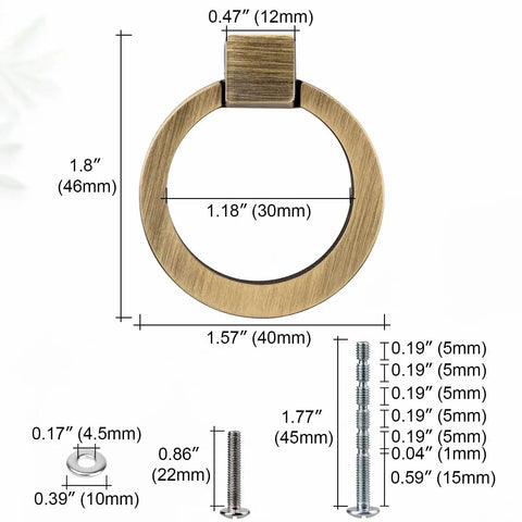Brushed Oil Rubbed Bronze Cabinet Ring Pulls Set Of 4 In Zinc Alloy, dimensions and screws shown with single hole mount