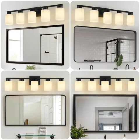 Five Light Modern Vanity Light Fixture in black metal with white marble glass installed above mirrors in bathrooms.
