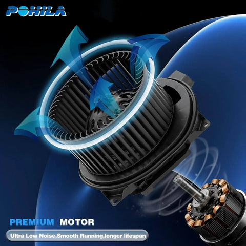 Brushless HVAC Blower Motor Assembly Replacement For Freightliner And Volvo Trucks Front Side Fit For Coronado FL50 FL60 FL70 VHD VNL VNM VAH VT OE Reference 4379RD5130670P showcasing premium motor with arrows indicating airflow.