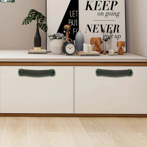 Leather Suitcase Luggage Pull Handles 2 Piece Set installed on drawers with decorative black brown finish in modern room