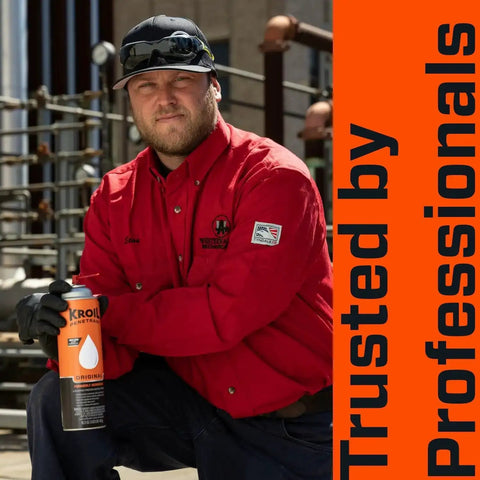 Worker holding rust penetrant spray in industrial setting, emphasizing trusted by professionals