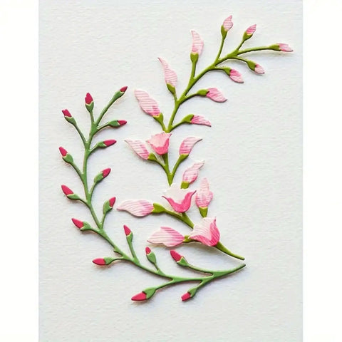 Close-up of 3 Piece Flower Leaf Branches Metal Die Cuts for DIY embossing, card making, photo cards, and paper crafting.