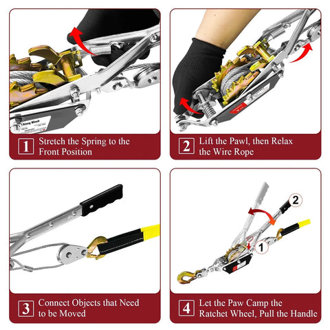Instructions for using 2 Ton 4480 Lbs Come Along Winch With 7 Foot Steel Cable Dual Gear Ratchet Power Puller With Two Hooks