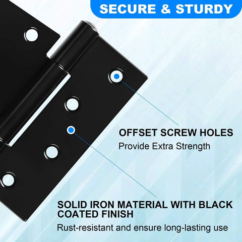 Close-up of Heavy Duty Gate Hinges 3.5 Inch with offset screw holes and black iron finish for large wooden gates outdoor use.