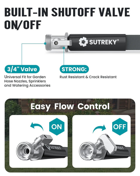 Front view of garden hose nozzle with built-in shutoff valve and easy flow control, 3/4 inch valve, SUTREKY