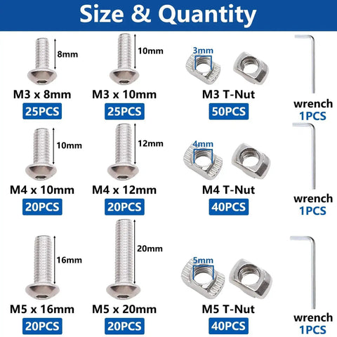 260Pcs M3 M4 M5 T Slot Nuts and Button Head Screws Kit size and quantity chart with nickel plated carbon steel parts and wrenches