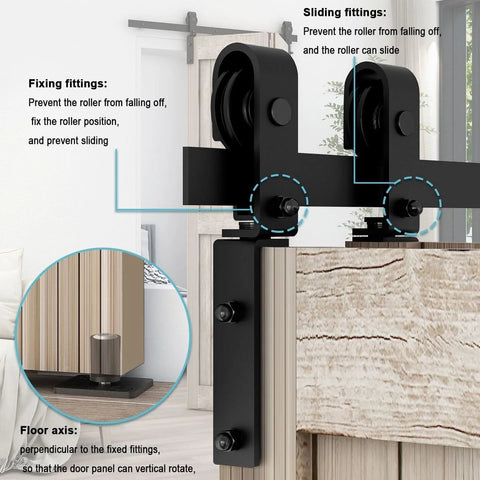 Close-up of 72 Inch Bi Fold Sliding Barn Door Hardware Kit components, including J shape hangers, for smooth operation in modern style.