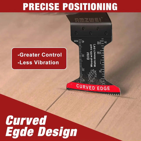 Bi Metal Oscillating Tool Blades Set For Metal Cutting, 10 Pack Curved Edge Blades One And Three Quarter Inch For Soft Metal Hard Wood Plastic, Tough As Nails Bi Metal Teeth, Compatible With Dewalt Milwaukee Bosch Ryobi By AMZWEI showing precise positioning and curved edge design on wood surface.